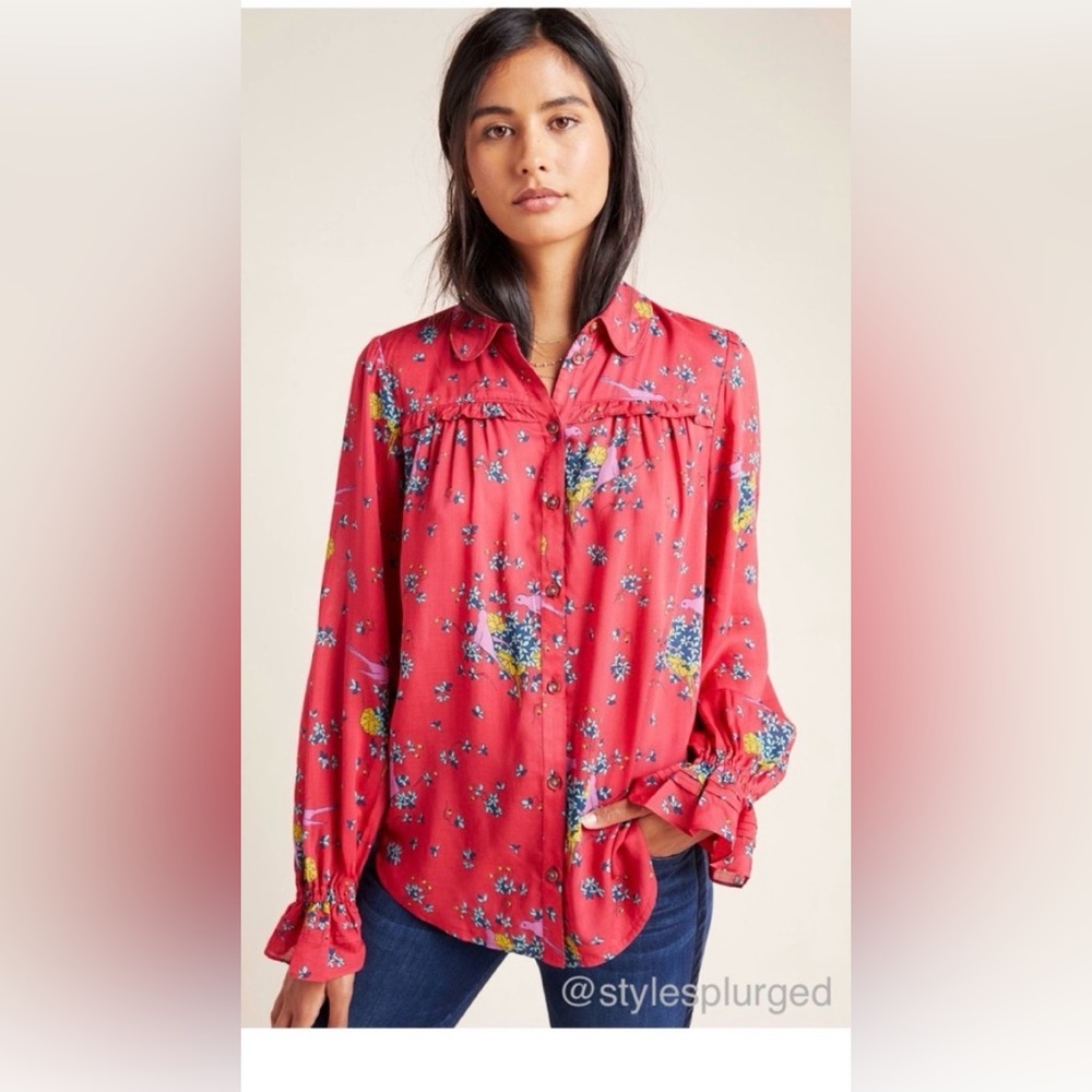 Maeve by Anthropologie women’s Red Floral Blouse size small (2)